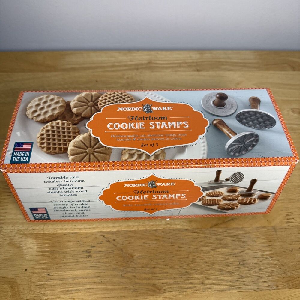 Nordic Ware Cookie Stamps 3 Piece Set Heirloom Cast Aluminum USA In Box Recipe